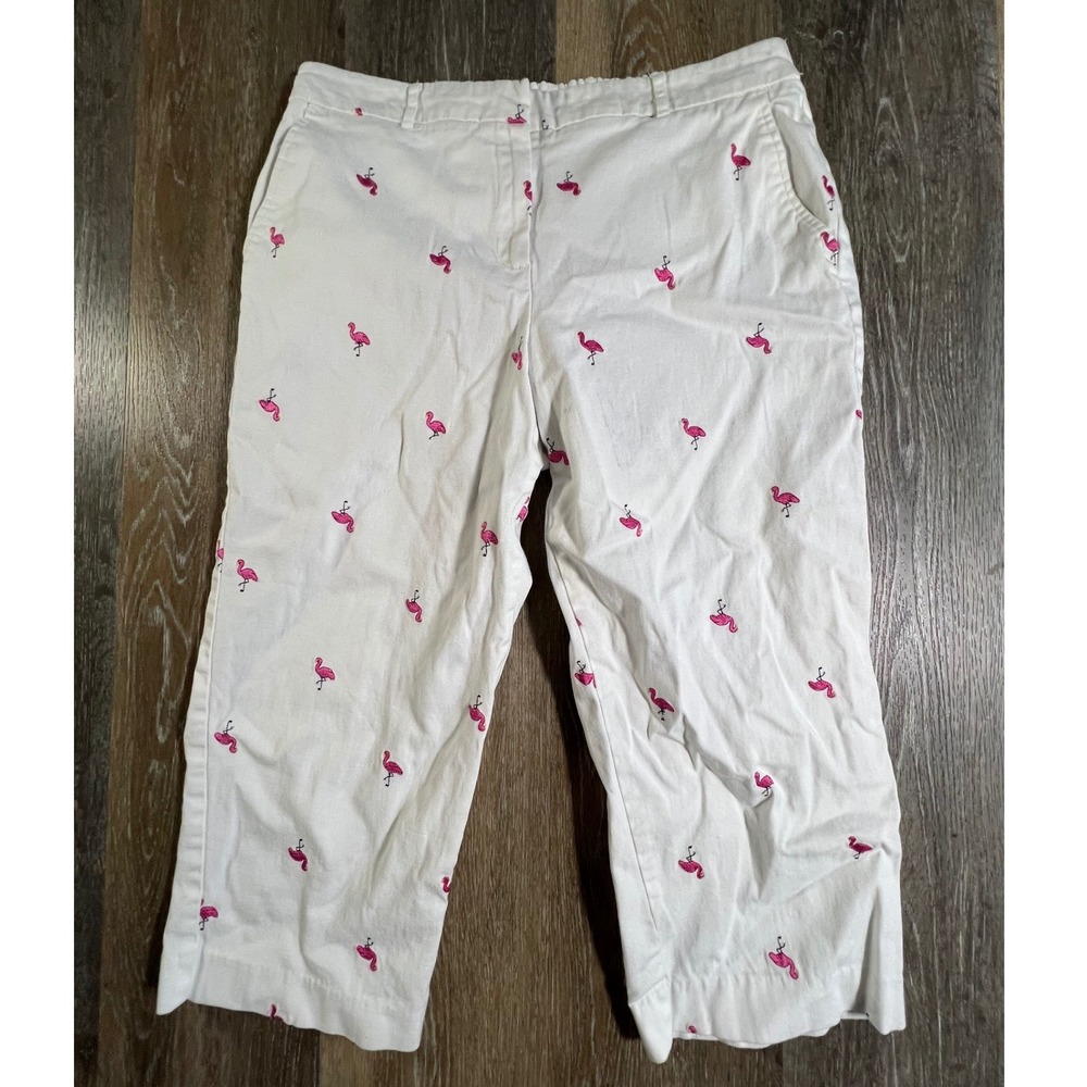JM Collection Capri Pants Women 12P White Pink Flamingo Embroidered Cropped
